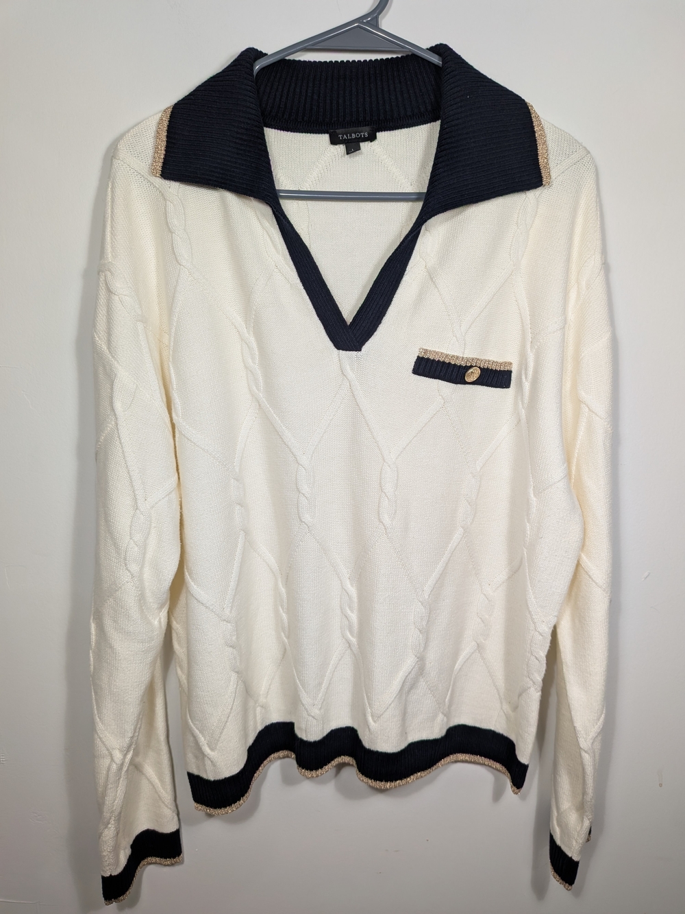 Talbots Lattice Cable Johnny Collar Sweater Cream Navy W/ Gold Trim
